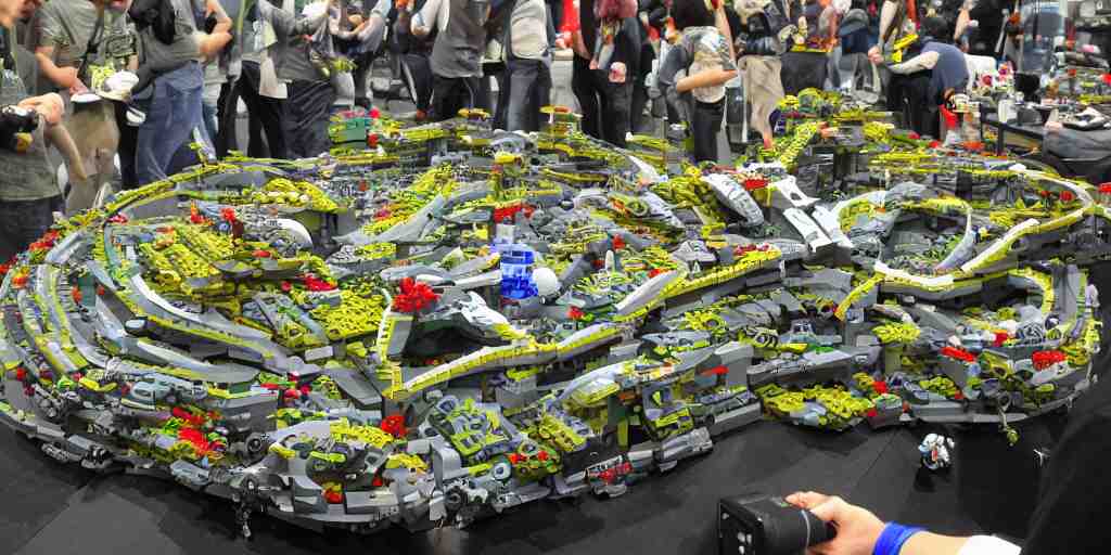 wide shot lens photo of a very intricately detailed and epically shaped 3. 5 meter long hovercraft the nebuchadnezzar from the matrix attacked by squid sentinels lego sculpture designed by a master builder as displayed at a lego convention, low angle shot. 