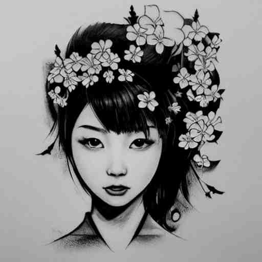 tattoo design, stencil, traditional, beautiful portrait of a Asian girl with flowers in her hair, upper body, by artgerm, artgerm, digital art, cat girl, sexy