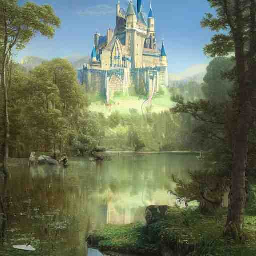 beautiful illustration of a big castle in a serene landscape and a beautiful lake, green grass and trees, blue sky, by albert bierstadt, highly detailed, crystal lighting, mystical, forest, hyperrealistic, 4 k, unreal engine, magical, by joe fenton, by greg rutkowski, by greg tocchini, by kaws, by kate beaton, by kaethe butcher 