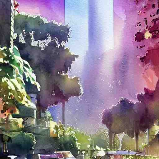 Beautiful happy picturesque charming sci-fi town in harmony with nature. Beautiful light. Water and plants. Nice colour scheme, soft warm colour. Beautiful artistic watercolor by Lurid. (2022)