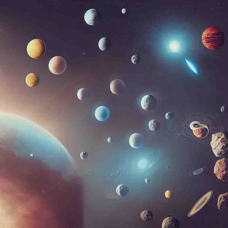 a solar system with planets and asteroids, intricate artwork by Tooth Wu and wlop and beeple, greg rutkowski, very coherent symmetrical artwork, cinematic, hyper realism, high detail, octane render, unreal engine, 8k, Vibrant colors, Smooth gradients, High contrast, depth of field by Jacek Yerka, Mariusz Lewandowski, Houdini algorithmic generative render, Abstract brush strokes, Masterpiece, Edward Hopper and James Gilleard, Zdzislaw Beksinski, Mark Ryden, Wolfgang Lettl, hints of Yayoi Kasuma, octane render, 8k