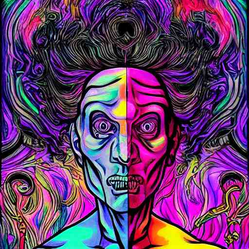 a psychedelic godlike humanoid, hyper detailed, in the style of rutkowski and junji ito and bob ross and lisa frank, selfie 