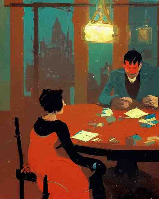 a man and a woman sitting at a table, a screenshot roman muradov and paul lehr and dan mumford, trending on pinterest, barbizon school, movie still, hall of mirrors, filmic 