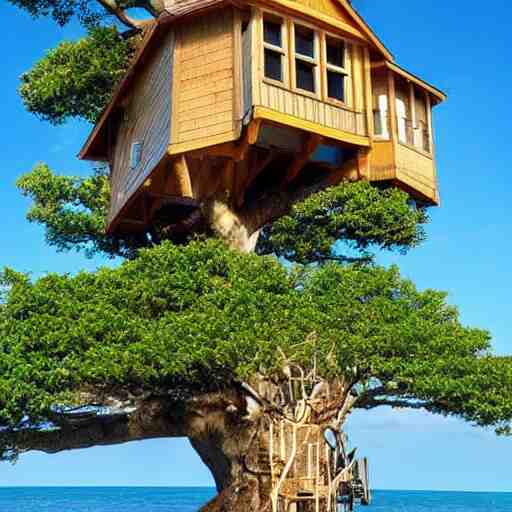 a tree with a tree house in it in the ocean 