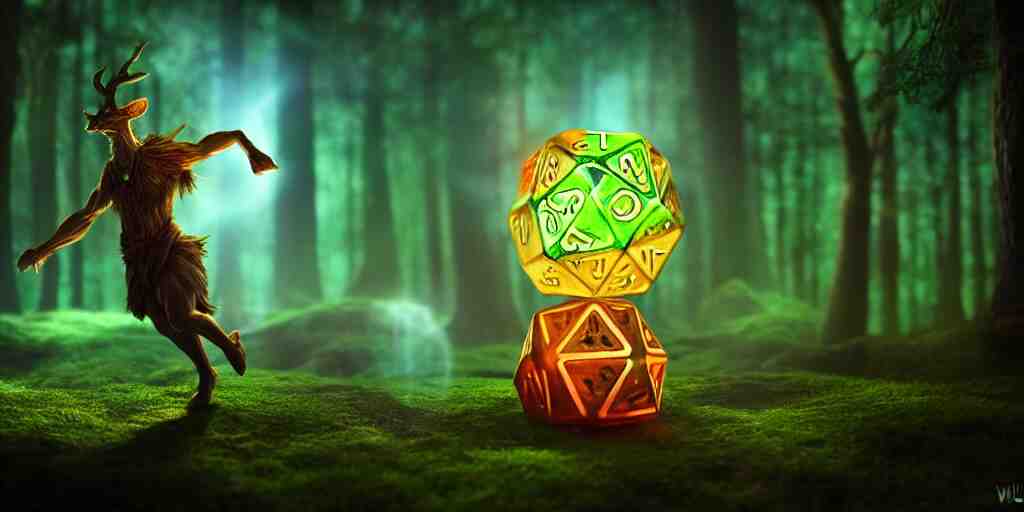 a curious, mythical forest spirit rolling a six - sided dice, d 6 dice, glowing energy, fantasy magic, by willian murai and jason chan, fantasy, dramatic lighting, golden ratio, sharp focus 