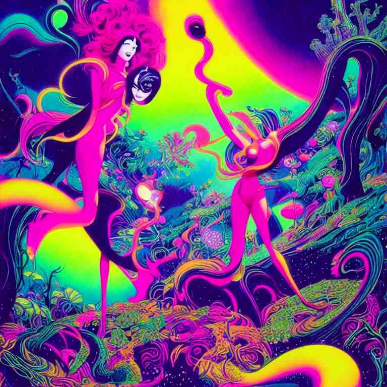 cosmic girl, infinite fractal dimensions, bright neon colors, highly detailed, cinematic, eyvind earle, tim white, philippe druillet, roger dean, lisa frank, aubrey beardsley 