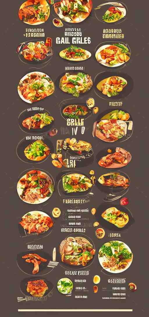 a very high image of a graphic menu for a grill house, graphic, template, design, cool, grill, food photography, no text 