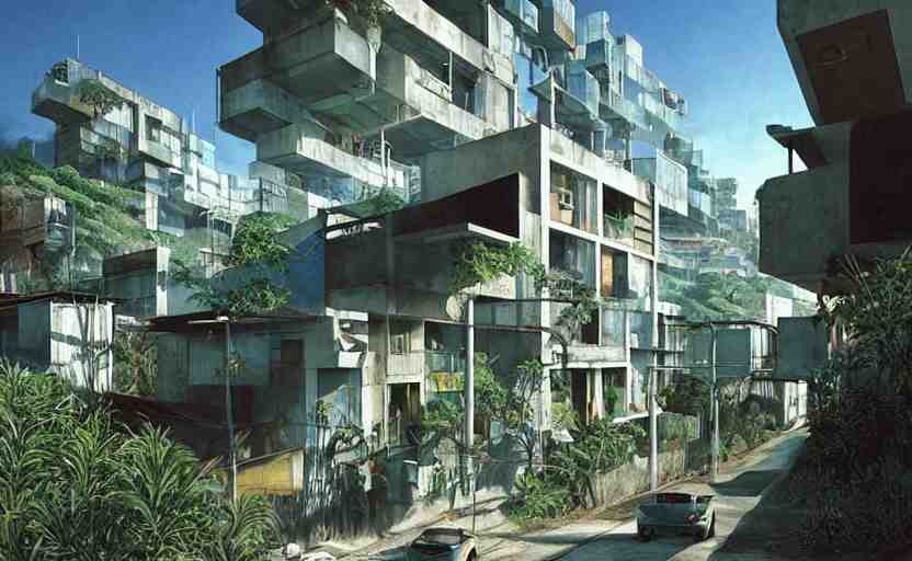 a contemporary modernist favela environment, many wild animals, simplicity, minimalist, elegant, glass panes, billboards, glowing lights, soft ambient lighting, photorealism, unreal engine, art by michael whelan and chris moore and howard david johnson and tim white and dan giancola 