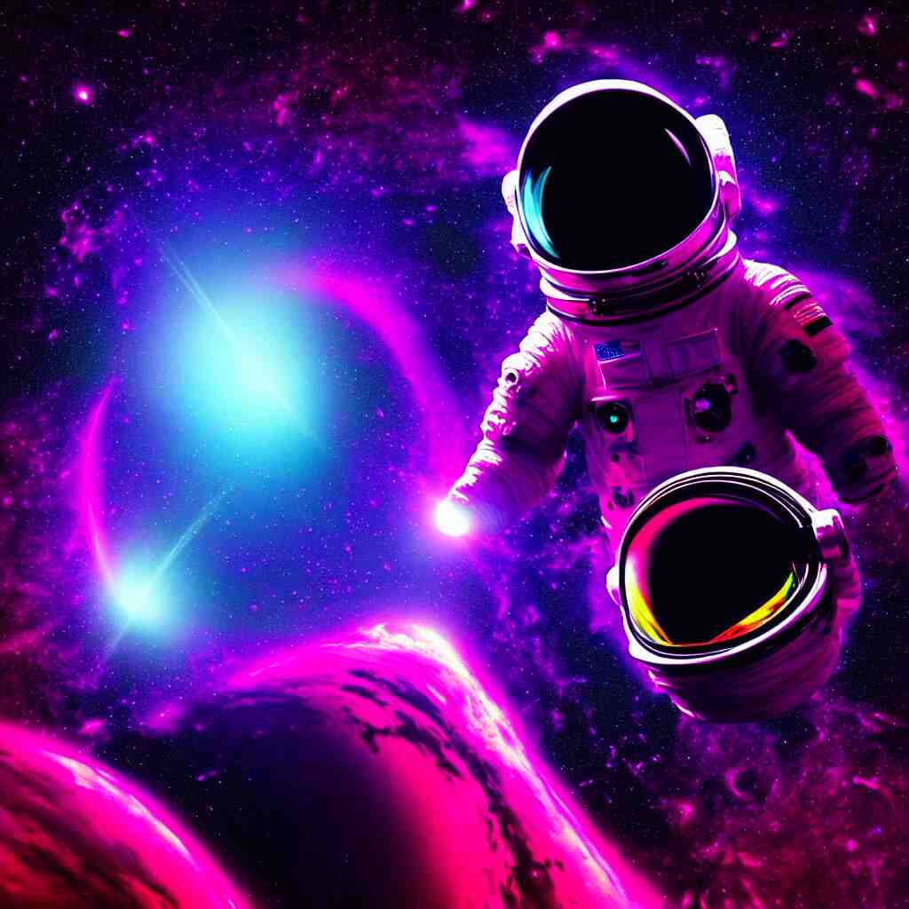 astronaut sucked into blackhole synthwave, glitchy, reflective, holographic, neon 