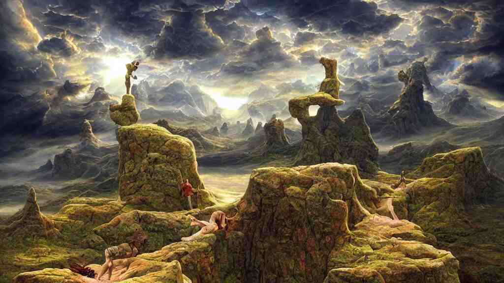 fantasy landscape with anthropomorphic!!! terrain!!! in the styles of igor morski, jim warren, and rob gonsalves, intricate, hyperrealistic, volumetric lighting, big sky, distinct horizon 