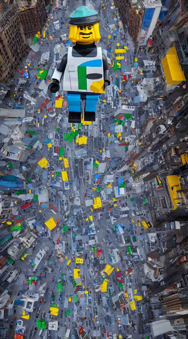 hyperrealistic giant enormous lego minifigure walking over city street, street view, epic lighting, composition, view from ground, buildings, cars, sky 