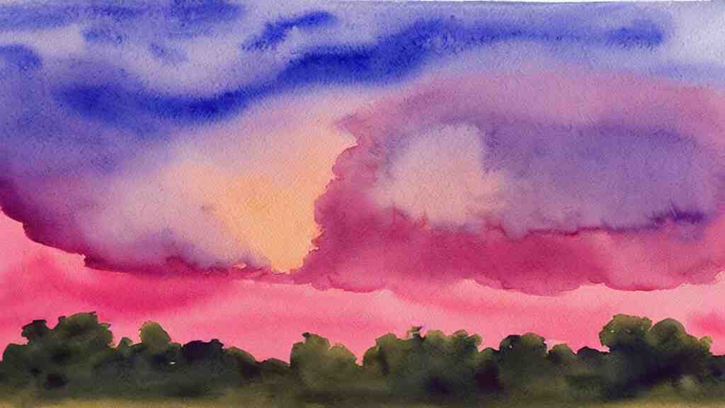 watercolor of a big cumulonimbus cloud on a pink sunset 