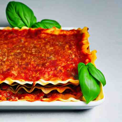 studio photography of a platypus cooking a lasagna with three basil leaves over the lasagna 