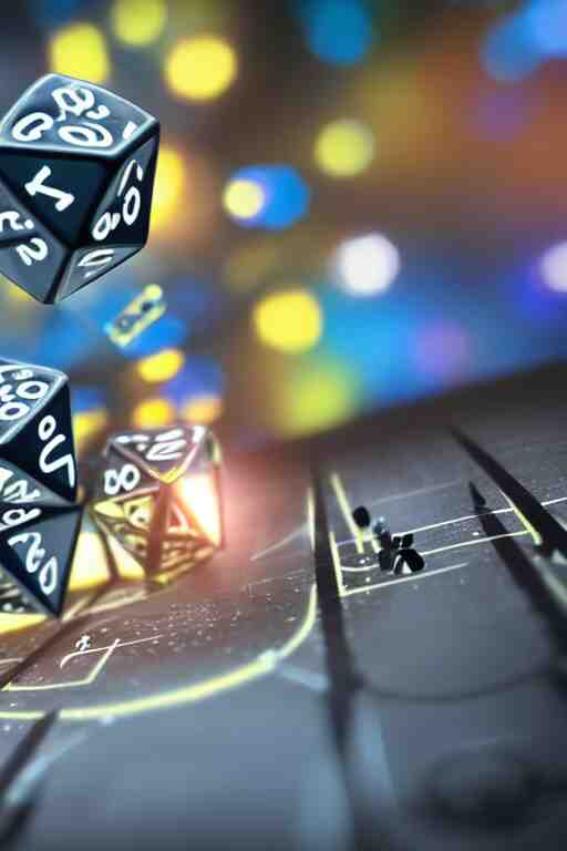 closeup, of one futuristic sci-fi Twenty sided dice, in the background players at a table that are in still high tech suites, bokeh, sharp focus, intricate concept art, highly detailed, 8k, cinematic, sharp focus