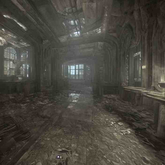 interior mazelike architecture from quake, lovecraftian, liminal space, moody lighting, unreal engine 5, hyper detailed, hyper realistic 