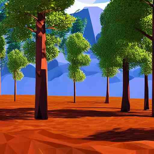 a forest of 3d low poly trees with the mountains in the background, high quality, mobile game