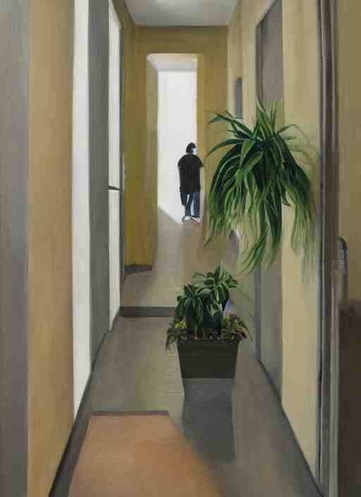 an empty hallway, full of house plants and people, oil on canvas 