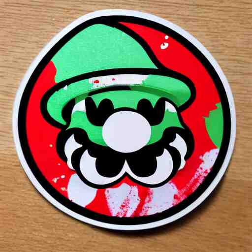 die cut sticker, yoshi wearing mario's mustache, splatter paint 