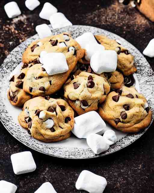 plate full of several freshly baked chocolate chip cookies, delicious, glistening, chocolate sauce, marshmallows, highly detailed, food photography, art by rembrandt 