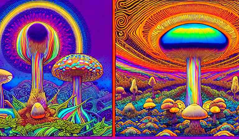 an expansive rendering of beautiful and complex oneness of all things by dan mumford, by jim fitzpatrick, by joe wilson, by jim burns, by victo ngai, by jacek yerka, surrounded with colorful magic mushrooms and rainbowcolored marihuana leaves, insanely integrate, featured on deviant art, trending on artstation 