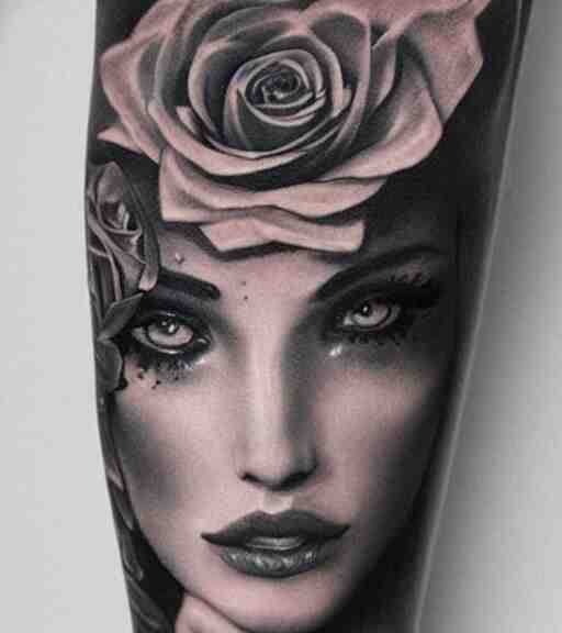 tattoo design on white background of a beautiful girl warrior, roses, hyper realistic, realism tattoo, by eliot kohek, beautiful eyes, realistic face, black and white 