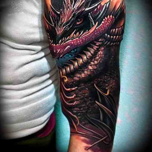 dark and vibrant spiraling fantasy dragon drake wyvern, forearm tattoo