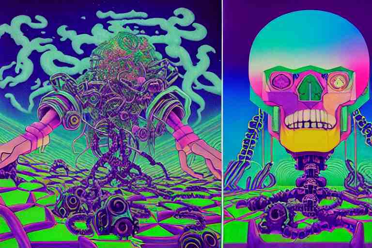 vaporwave ombre, sinister eldritch neural diaphanous skullpunk spirits in the enchanted intergalactic mecha garden, man - machine chimeric beholder polyphemous by okuda san miguel by jerimiah ketner by tatsuyuki tanaka by agostino arrivabene and wayne england 