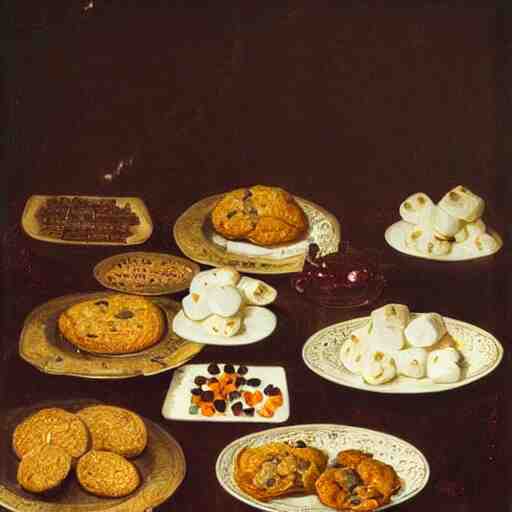 opulent banquet of plates of freshly baked chocolate chip cookies and jelly beans, chocolate sauce, marshmallows, delicious, glistening, highly detailed, food photography, art by rembrandt 