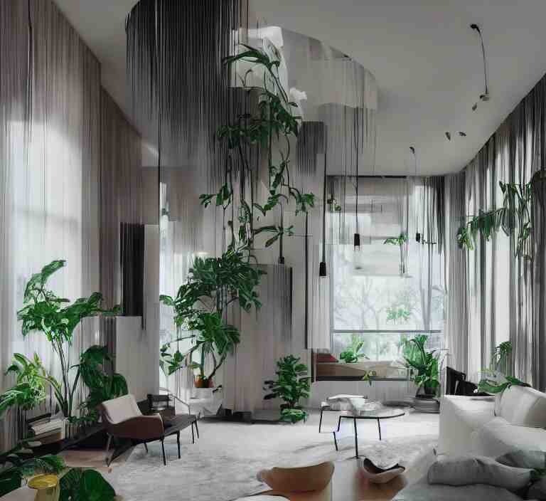 interior of luxury condominium with minimalist furniture and lush house plants and abstract wall paintings | modern architecture by makoto shinkai, ilya kuvshinov, lois van baarle, rossdraws and frank lloyd wright 