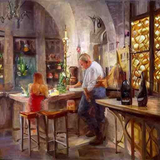 wine cellar full of food, torches on the wall, schnapps, romantic, inviting, cozy, blonde woman, painting Vladimir Volegov