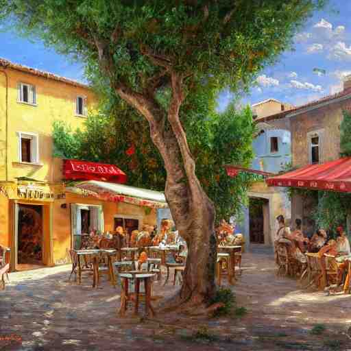 a traditional pizzeria in the street of a small village on the riviera. a terrace in the shade of a hundred - year - old olive tree, a friendly atmosphere around pizzas and rose wine. dolce vita. unreal engine rendering, hyper realist, ultra detailed, oil painting, warm colors, happy, impressionism, da vinci, 4 k, 