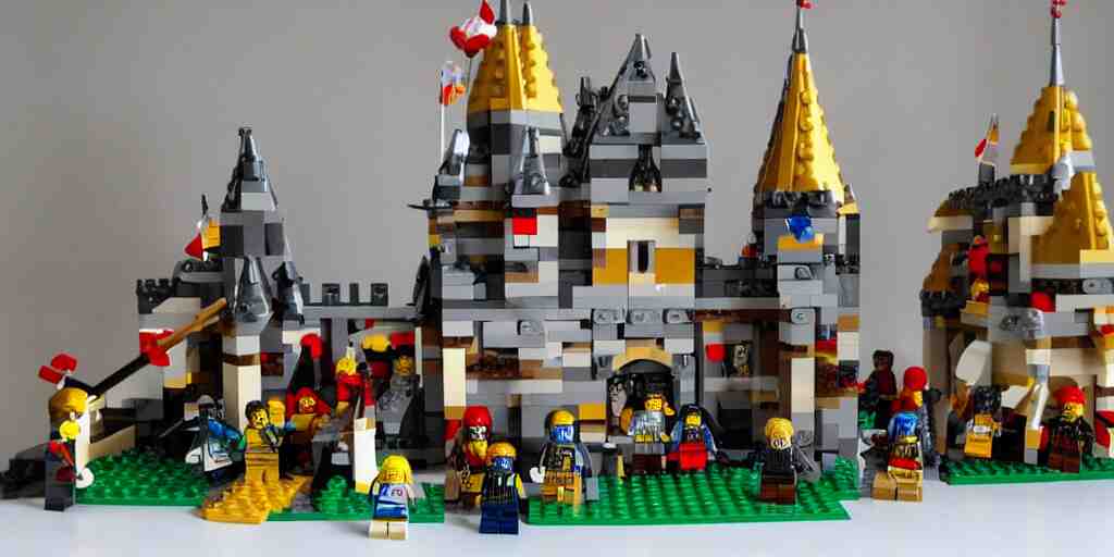 lego castle with knights in front