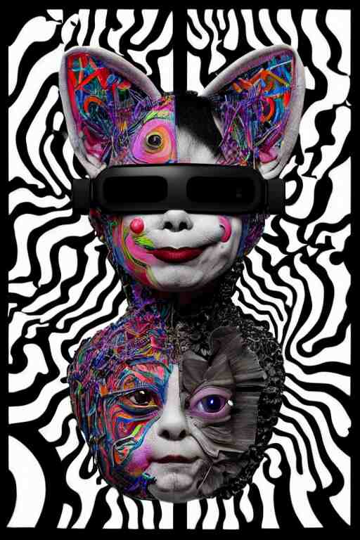 color : monochrome blackout, nft - generative collectible of knownorigin and superrare : an intricate and extremely detailed sculpture of a kawaii memeart - sphynx - cat - clown with vr headset - bjork mask ( vulnicura fashion by james merry ) : 1 | vulcano twin flame american horror story cover : background, dmt hyperspace persephone - clown by peter birkhauser neon - orange - grey monochrome : a single close up photo - real delicate cyberpunk - ceramic black porcelain, high detailed face, smiling woman, cyborg, photorealism, golden ratio, hyper - realistic 3 d, insanely super detailed, realistic octane render, 1 6 k, fashion photography, hard light goddess detailed in front of an intricate background ( generative art, neo - andean architecture ) : 0. 8 | micro detail, backlit lighting, face in focus, subsurface scattering, translucent, thin porcelain, physically based rendering, japanese pottery, trending on cgsociety 1 6 k : 1 