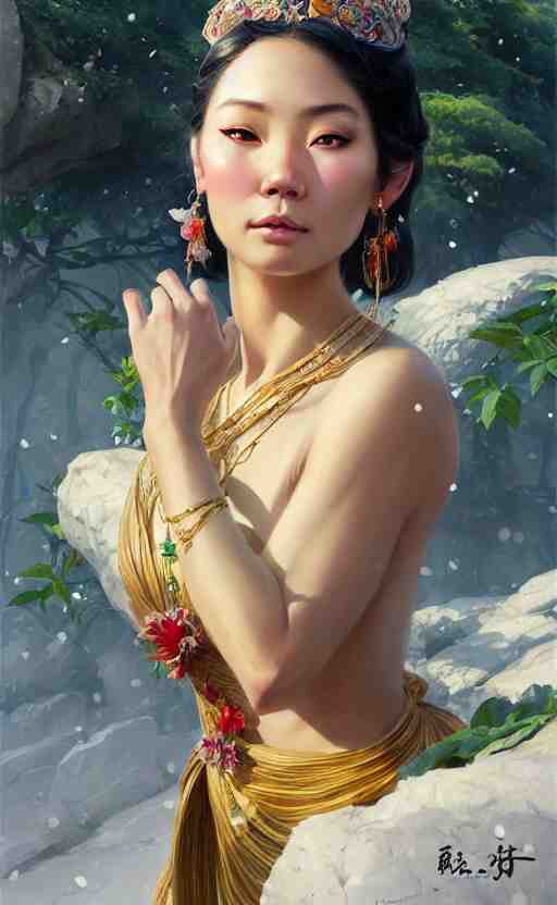 a beautiful taiwan goddess with sundress with jewelry | | winter, realistic shaded, unpleasant face, good looking, fine details, realistic shaded lighting poster by greg rutkowski, magali villeneuve, artgerm, jeremy lipkin and michael garmash and macoto takahashi 