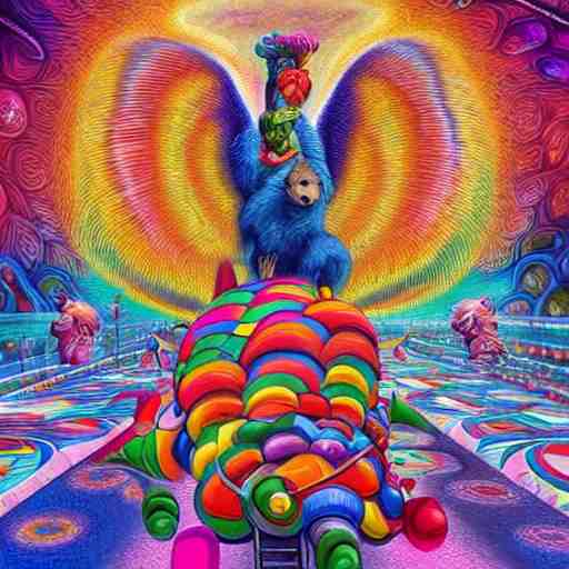 bear riding on a giant peacock through the realms of dmt mario cart race track, painted by lisa frank, alex grey and tim hildebrandt, hyper realism, highly detailed, lsd, psilocybin, sharp focus, sharp contrast, 8 k 