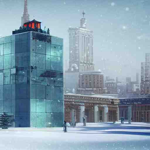 a snow globe with a soviet apartemnt building in it, a computer rendering by leandro erlich, trending on cgsociety, retrofuturism, tesseract, isometric, physically based rendering 