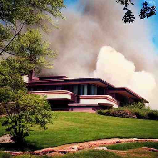 “ an idyllic hill with many small frank lloyd wright houses with cute stylized smoke rising from their chimneys ” 