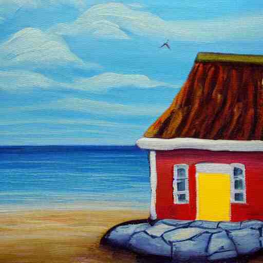 A painting of a cozy cottage with a view of the beach