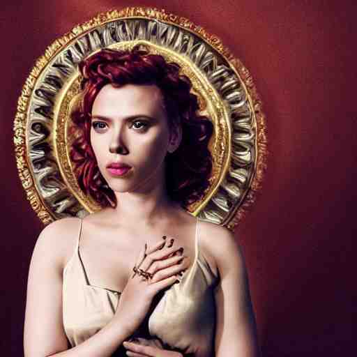 scarlett johansson dressed as a greek goddess in front of a ring of sapphire rose ring, ornate gold border, vignette, warm tri - color, subtle chromatic aberration, painted by francis goya 