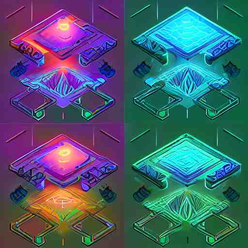 concept art 2 d game asset of various stair blocks with organic isometric design, bioluminescent alien - like plants inspired by the avatar's bioluminescent alien nature. around the stairs, we can see plants glowing in the dark. isometric perspective, item is in a black background colorful neons cyan, orange red, painterly cartoonish octane render masterpiece 