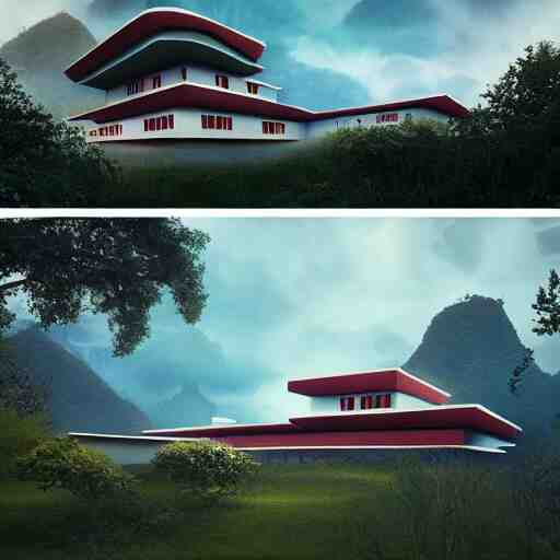 modernist house inspired by a tibetan palace on a hill, big green trees, colorful clouds, dramatic lighting, artstation, matte painting, raphael lacoste, simon stalenhag, frank lloyd wright, zaha hadid 