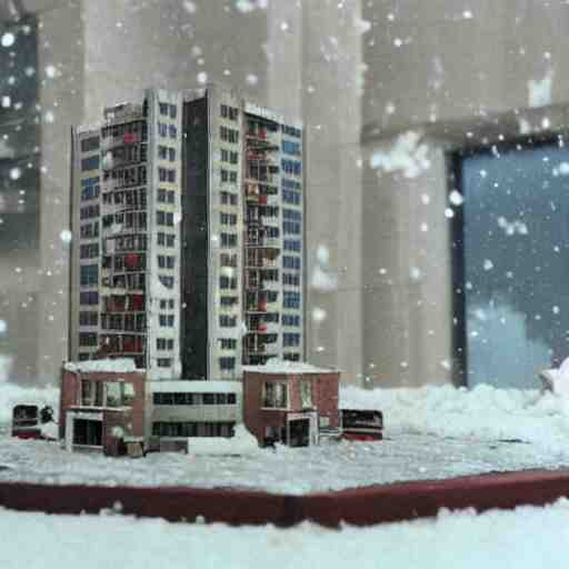 a snow globe diorama with a soviet apartment building in it, brutalism, physically based rendering, 1 9 9 0's 