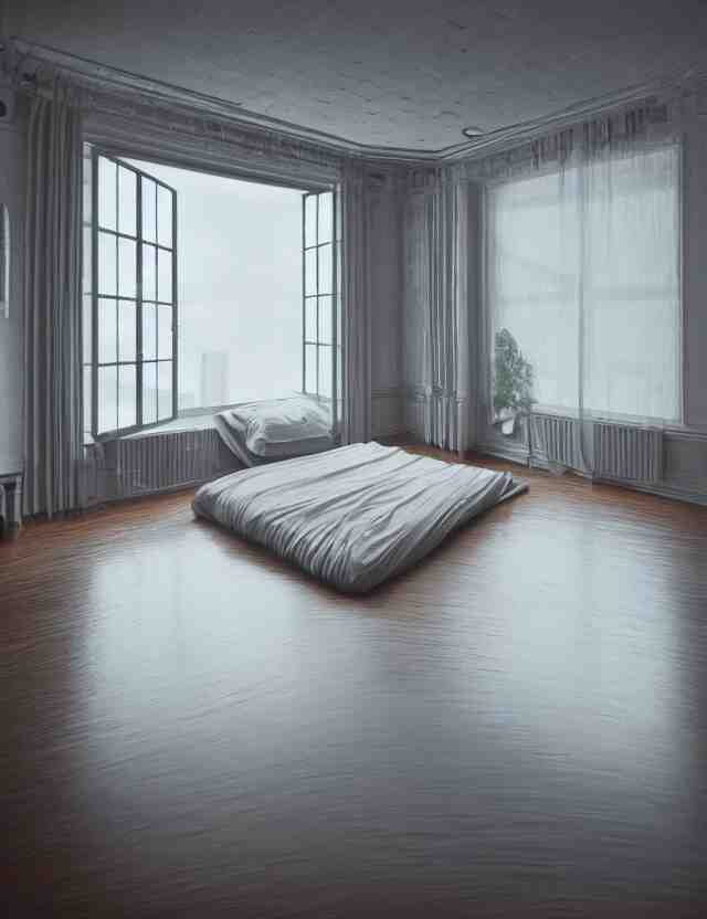 an ultra wide angle photo of a bed hovering above the floor in the middle of a giant bedroom with windows opening to other worlds by casey weldon and lee madgewick, photorealistic, octane render, recursive!!!!, flowing!!!!, cascading, multiverse!!!!, labyrinthine!!!! 