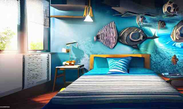 a futuristic bedroom deep under the sea, photorealistic magazine picture, studio lighting, cozy, extremely detailed and realistic 