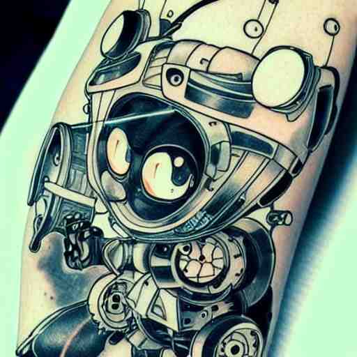 Anime manga robot!! cat tattoo, cyborg cat, exposed wires and gears, fully robotic!! cat, manga!! in the style of Junji Ito, Hayao Miyazaki and Naoko Takeuchi, cute!! chibi!!! cat, tattoo on upper arm, arm tattoo