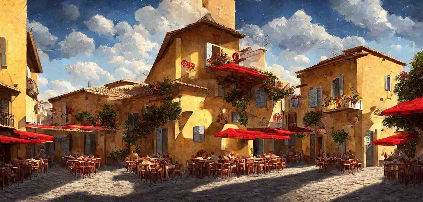a traditional pizzeria in the street of a small village on the riviera. a terrace in the shade of a hundred - year - old olive, cinematic view, epic sky, detailed, concept art, low angle, high detail, warm lighting, volumetric, godrays, vivid, beautiful, trending on artstation, by jordan grimmer, huge scene, grass, art greg rutkowski 