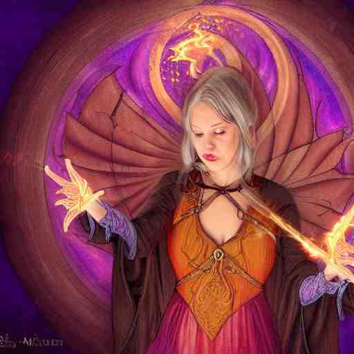 female mage is casting a magic spell, fantasy, D&D, HDR, digital art , award winning photograph, 8k, Mucha style,