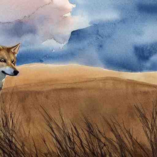 wide portrait of a wolf in a beautiful natural scene. heath, sand dune, dry grass and trees. beautiful light, dramatic clouds. soft colour scheme. beautiful artistic detailed watercolor illustration by lurid ( 2 0 2 2 ). 