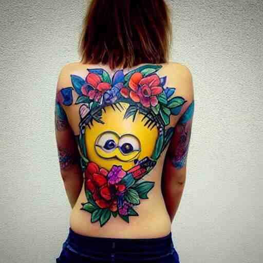 tattoo of minion on female back, epic, colorful, beautiful, intricate detail