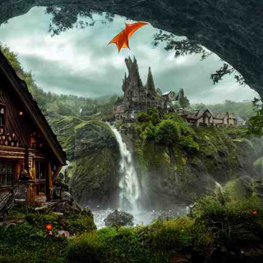 a dragon flying over medieval hobbit homes, ornate, beautiful, atmosphere, vibe, mist, smoke, chimney, rain, well, wet, pristine, puddles, waterfall, clear stream, bridge, orange, green, stained glass, forest, flowers, concept art illustration, color page, 4 k, tone mapping, doll, akihiko yoshida, james jean, andrei riabovitchev, marc simonetti, yoshitaka amano, digital illustration, greg rutowski, volumetric lighting, sunbeams, particles, rembrandt 